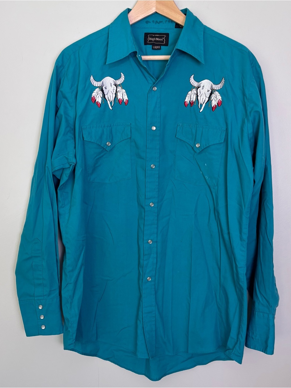 VTG High Noon Pearl Snap Western Shirt Men's Large Cow Skull Embroidered Green